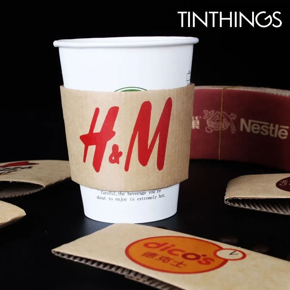 Custom Disposable Cup Sleeve Double-deck Kraft Corrugated Paper Coffee Tea Juice Cup Sleeve Customized Supplier Print Logo