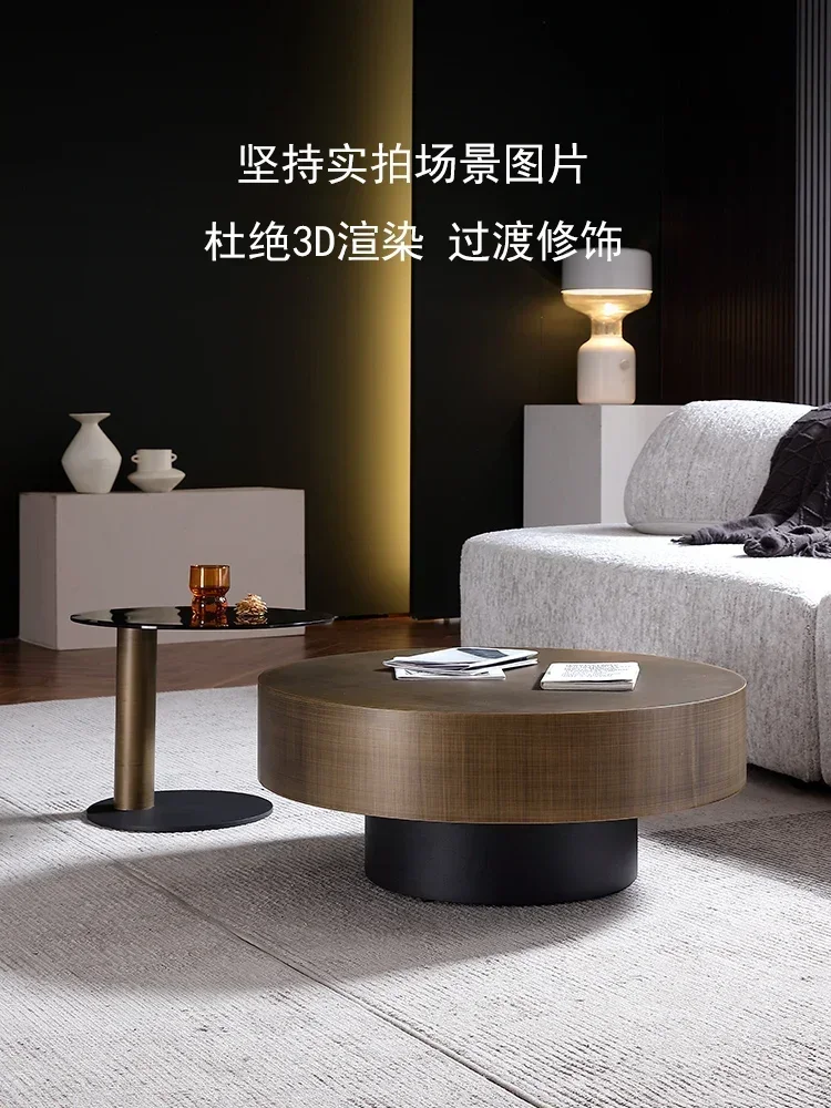 High-Grade round Tea Table Bronze Living Room Light Luxury round Brushed Stainless Steel Coffee Table
