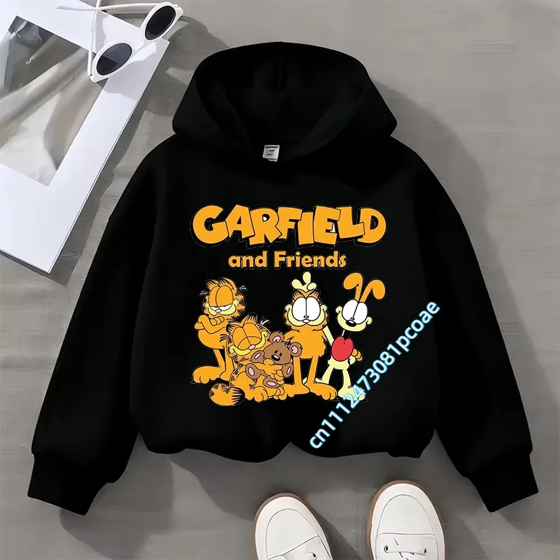 Garfield cartoon print children's hooded sweatshirt for boys, girls, casual top for women, long-sleeved for autumn and winter