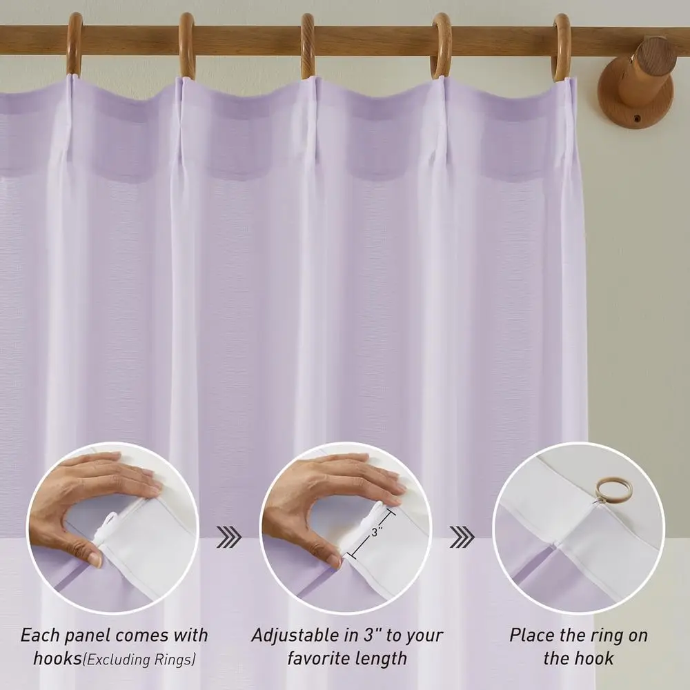 96 lawendowych zasłon woalowych z plisami, do drzwi przesuwnych, zestaw 2 paneli z haczykami