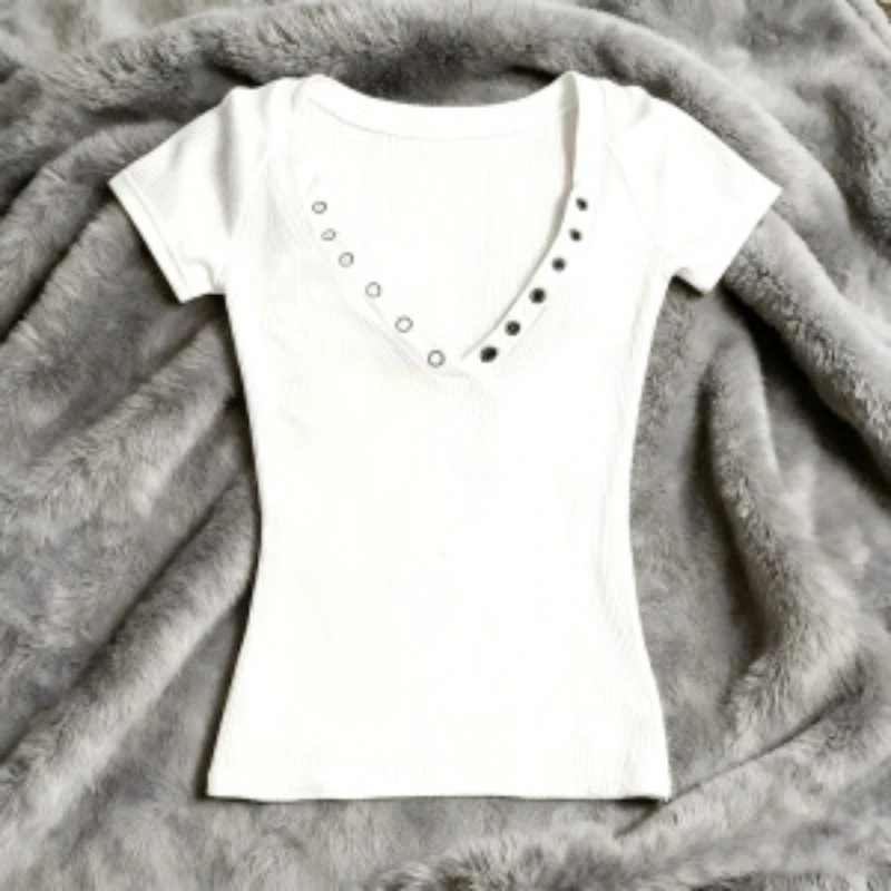 Slim Fit Deep V Neck Half Placket Button Short Sleeve Top Y2K Punk Bodycon Tee For Women Streetwear Daily Party Going Out Outfit