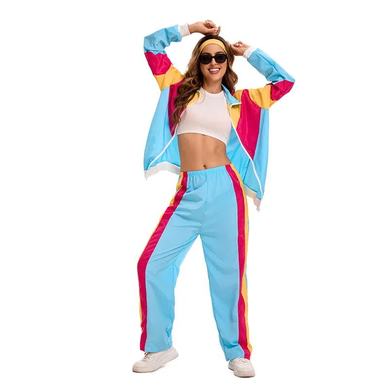 Erwachsene Frauen Disco Kostüm Trainings anzug Hippie Hip Hop Farbe Trainings anzug mit Reiß verschluss Mode Sport mittelalter lichen Vintage