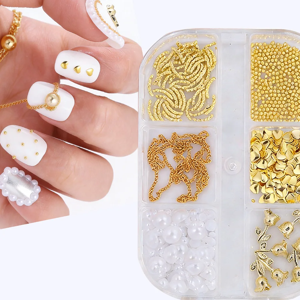 6 قطع من زينة الأظافر المعدنية على شكل قلب وردة، سلاسل ذهبية، أحجار الراين المعدنية للأظافر، خرز الكافيار الصغير، لآلئ لتزيين الأظافر