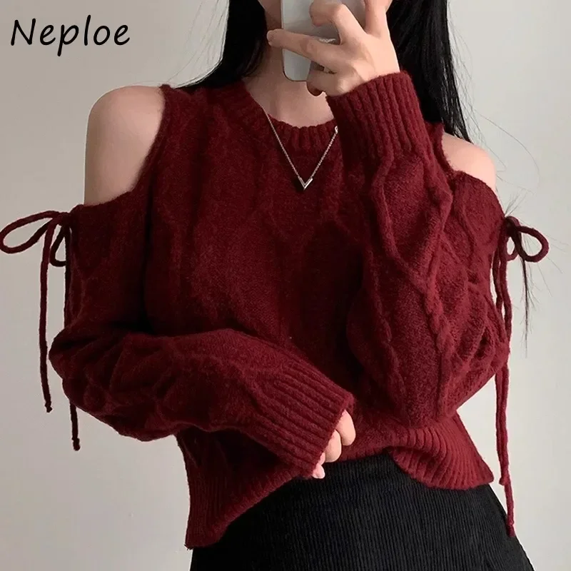 Neploe Vintage Fashion O-neck Knitted Pullover Hollow Out Off Shoulder Lace Up Sweaters Winter New Long Sleeve Loose Tops Women