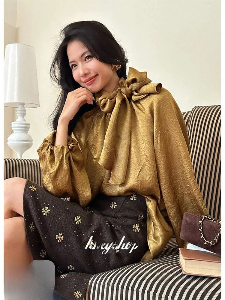 

Aurum 'Floating Light Golden' Crumpled Acetate Silk Lantern Sleeve Shirt Women's Premium Fashion Spring 2026 Knot