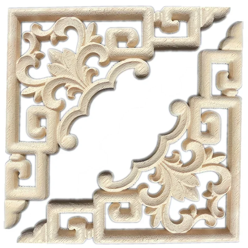 2PCS 15cm Wood Carved Applique Onlay Decal Unpainted Decor Flower Home Door Wall Retro European Symmetrical Hollow 3D