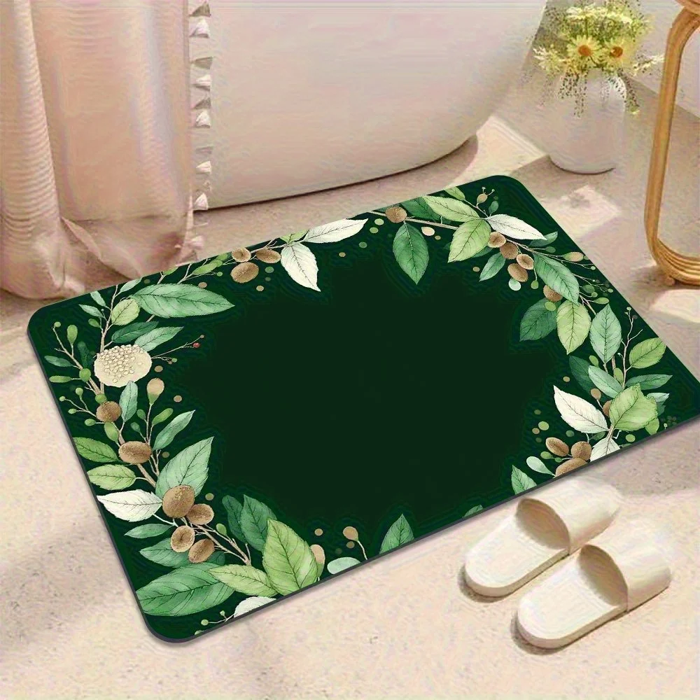 1pc Green leaf, berry, and wreath patterned rug, machine washable fabric, suitable for bedroom and living room décor.
