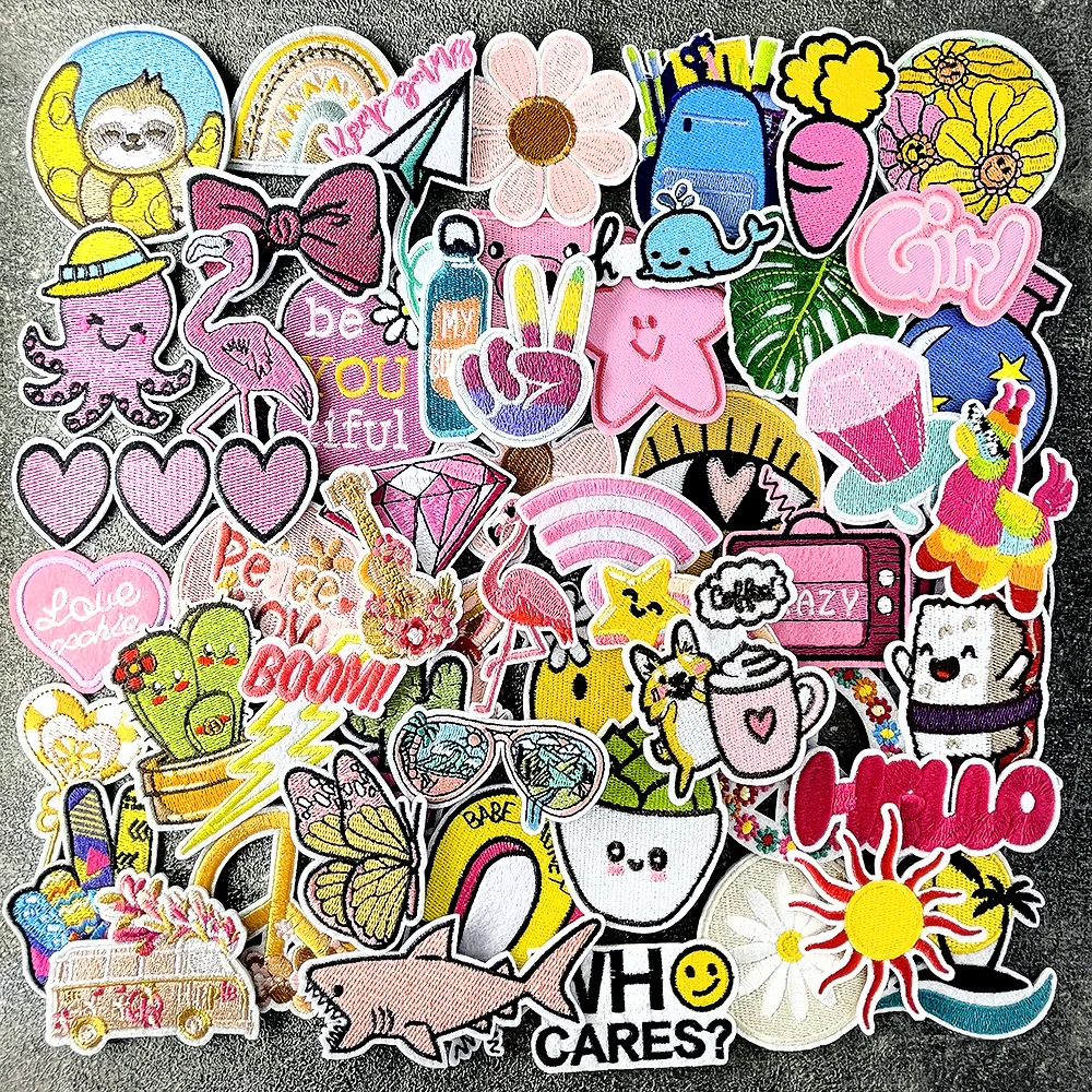 Hello Girl Pinlk Flamingo Cartoon Iron on Patches for Clothing Embroidered Sewing Applique Repair Damage Decoration Modify Patch