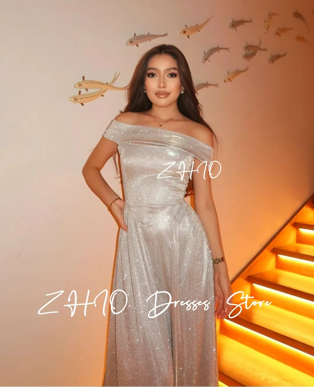 ZHIO Shiny Off Shoulder Evening Dresses Ivory A-Line Sweep Train Satin Formal Occasion Gown Birthday Party Dress Customized
