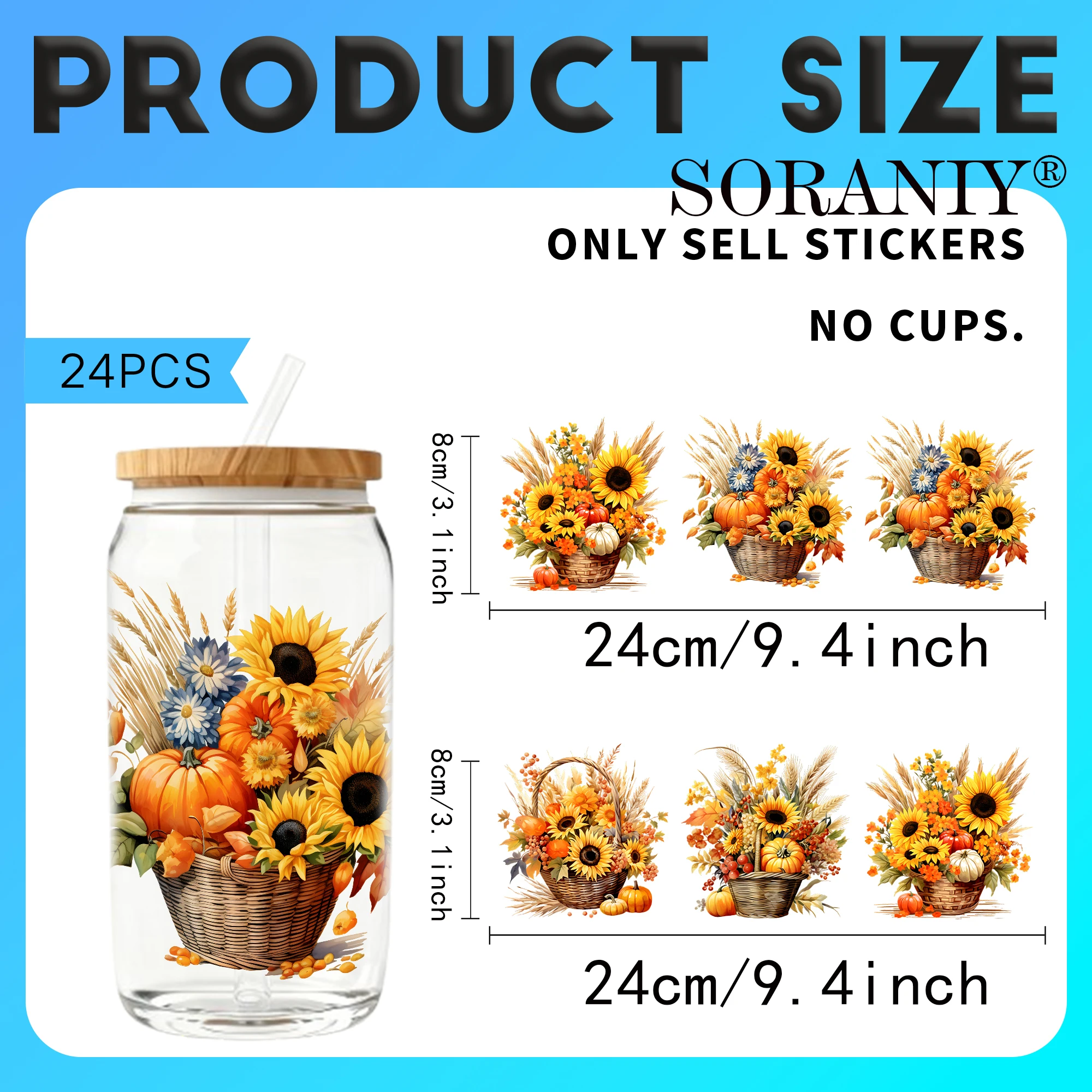 24PCS/Set Watercolor Harvest Sunflower Basket  Themed UV DTF 16OZ DIY Transfer Paper Set Golden Text Used For 16oz Water Bottles