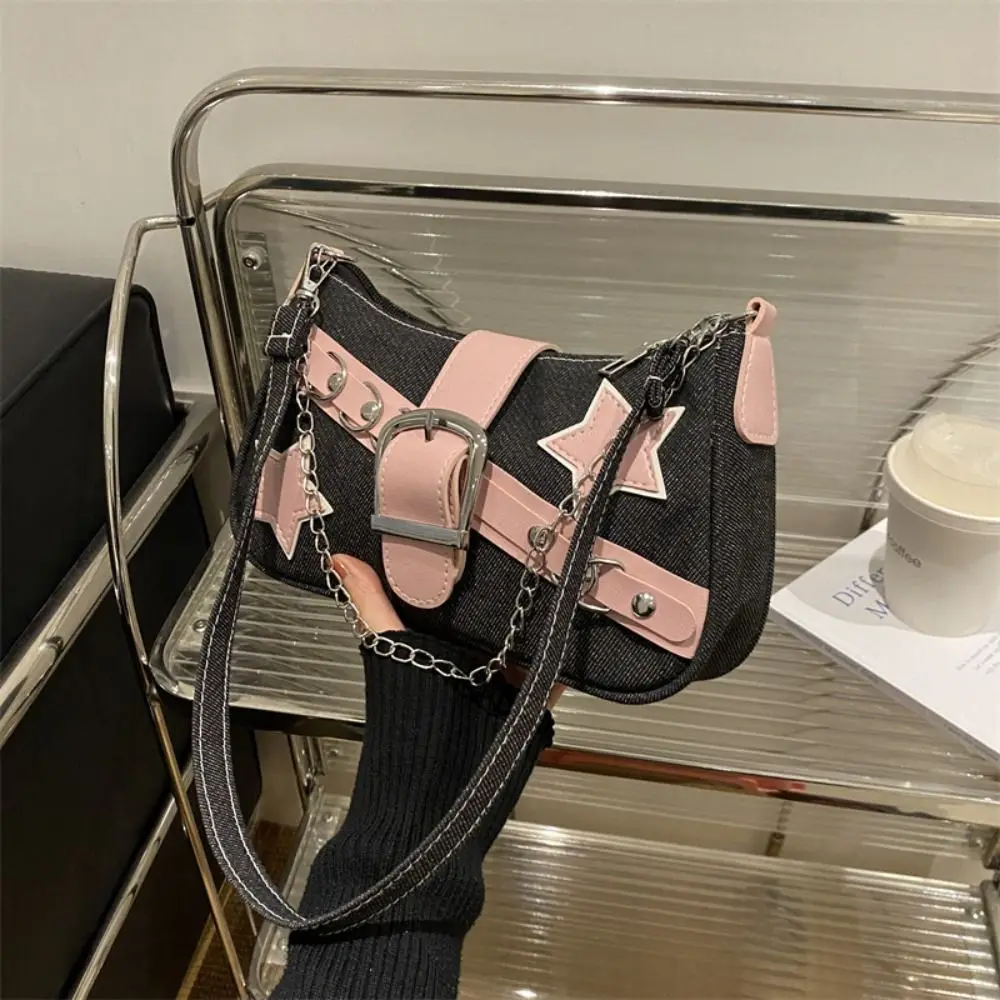 Casual Handbag Y2k Underarm Bag Tote Bag Star Pattern Korean Style Shoulder Bag Chain Denim Tote Bag Girls