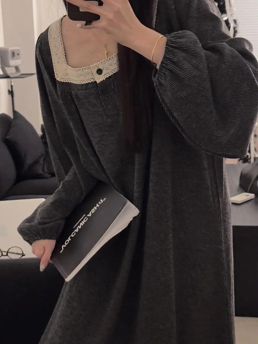 

Long Casual Nightgown Women's Spring Autumn Floral Trim Sleepwear Knitted Cotton Lightweight Full Sleeve round Neck