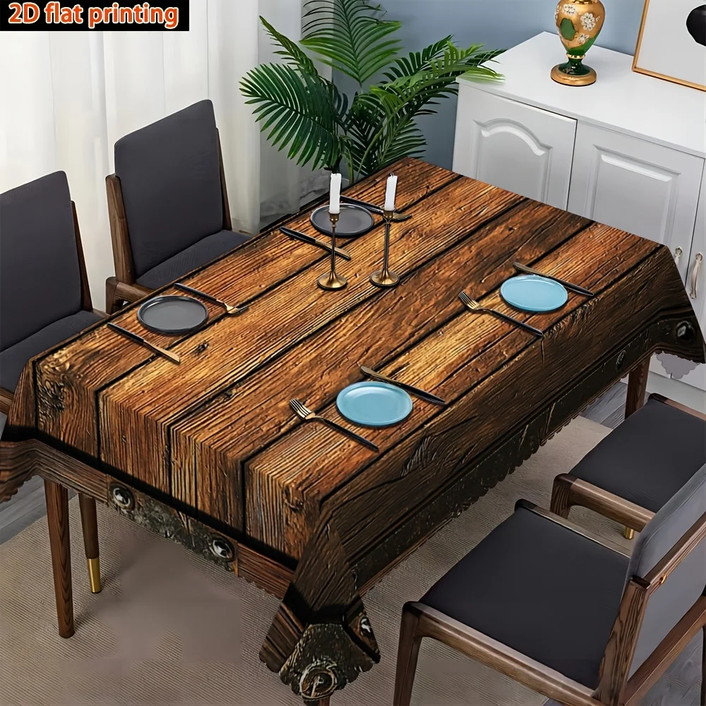 Simple wooden planks with wood grain and iron plate rivet frame, printed decorative rectangular tablecloth.
