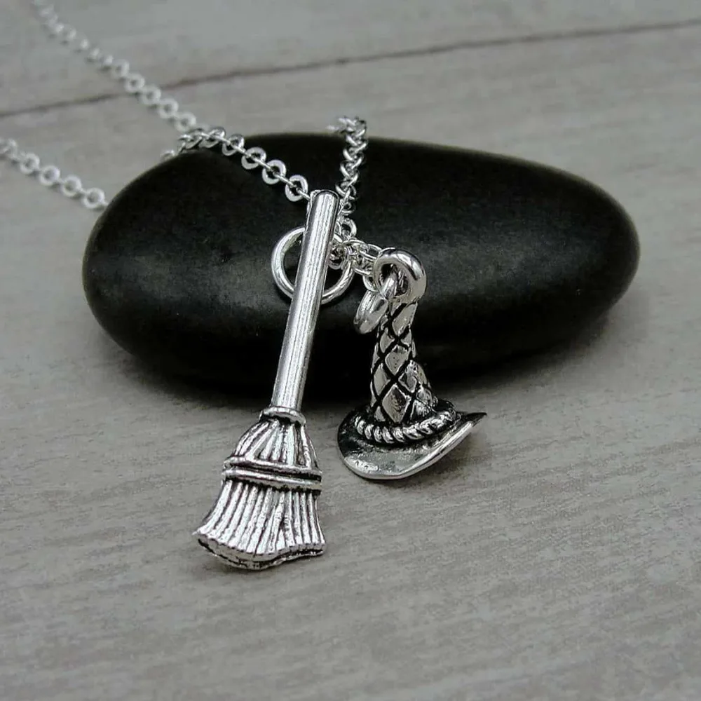Fashion Retro Halloween Sliver Color Witch Hat Pendant Small Broom Pendant Necklace for Women Magic Wizard Collar Chain Jewelry