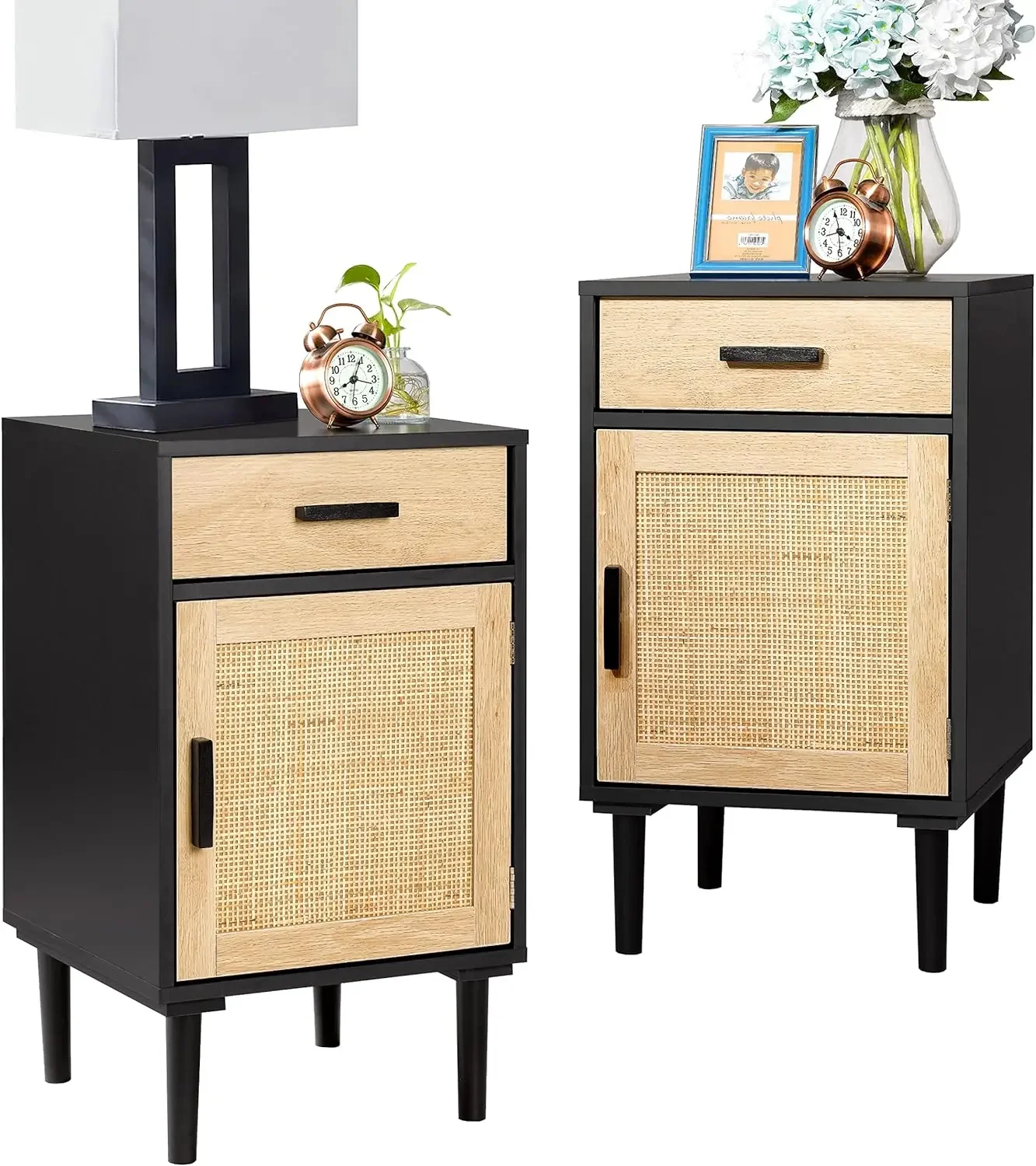 

Nightstands Set of 2, Night Stand, Bedside Table Set of 2 with Drawer and Shelf, Hand Made Rattan Decorated Doors,