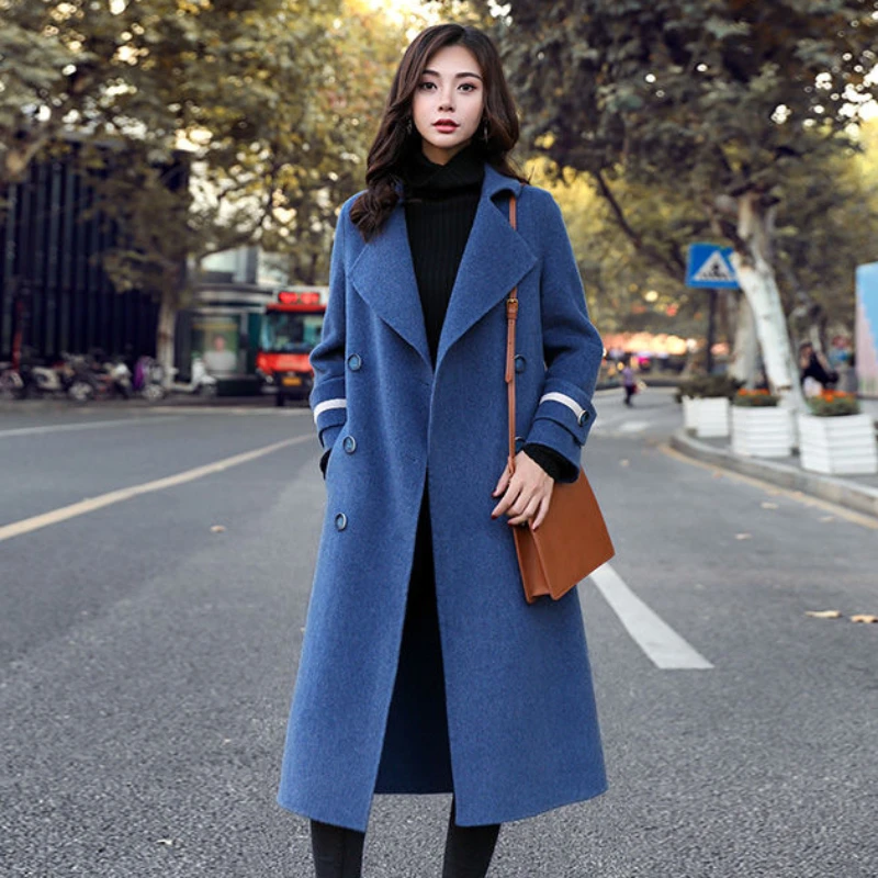 

2023 Winter New Women Temperament Solid Color Woolen Coat Female Long Below The Knee Korean Style Hepburn Loose Casual Outwear