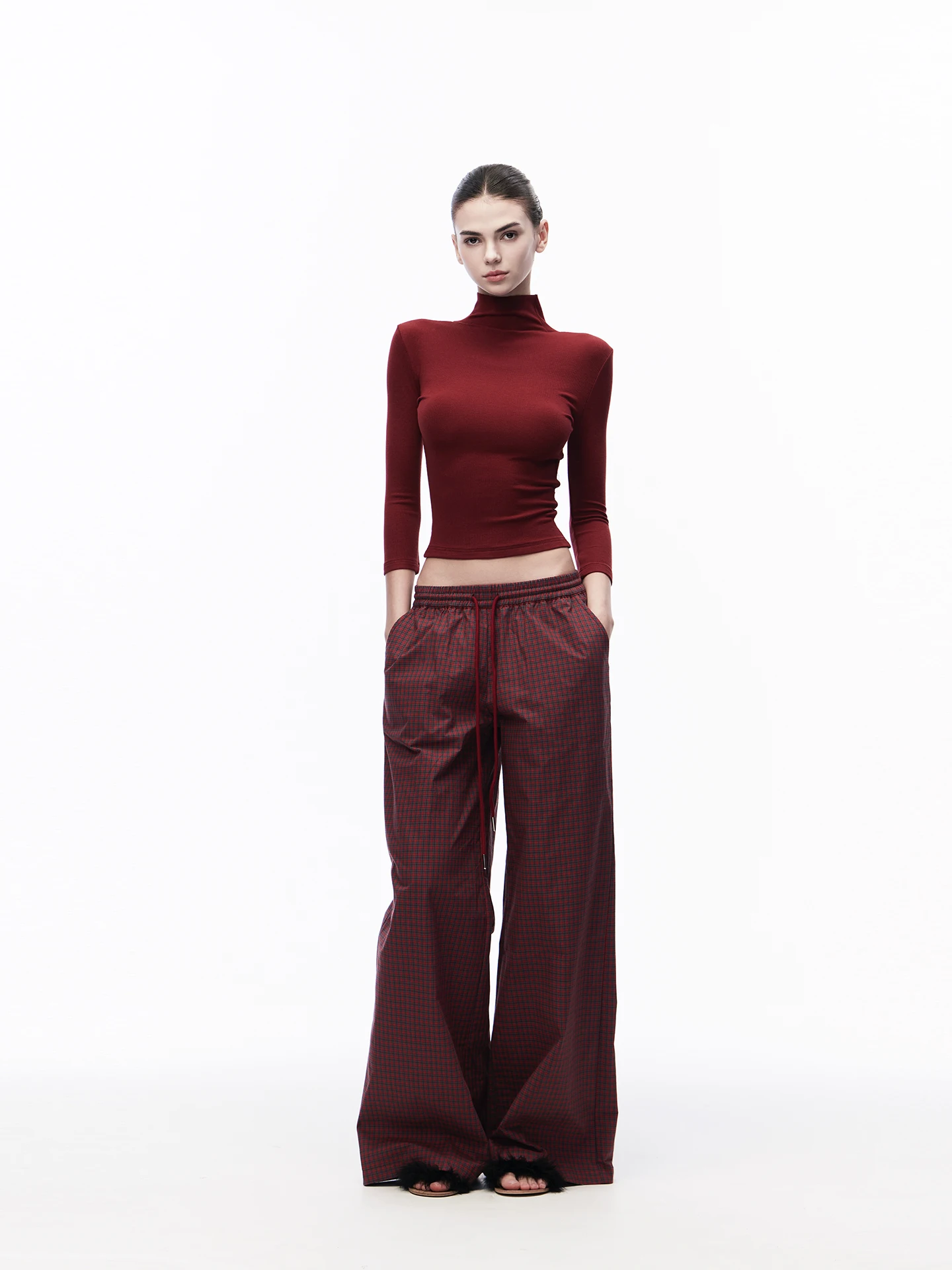 

JLAUNT American Retro Red Plaid Wide Leg Pants Women Loose Straight Casual Pants Lazy Floor-Length Pants Low Waist Elastic Co...