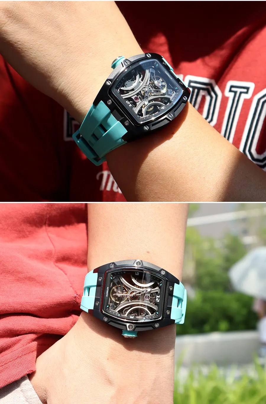 MEGIR Sport-Stil, automatische mechanische Uhr für Herren, voll hohl, transparentes Zifferblatt-Design, Edelstahlgehäuse, Silikonarmband – Detail 9