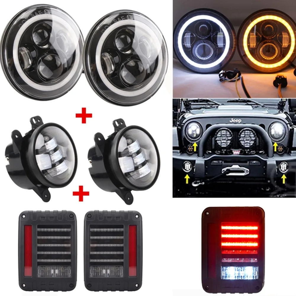 

Car Halo 7" Headlight Front 4Inch Led Fog Lights With Rear Led Tail Light Assembly For Jeep Wrangler JK Accessories 2007-2017