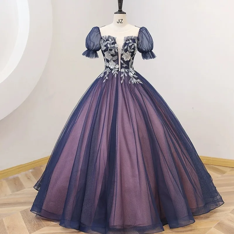 

New Navy Blue Bubble Sleeve Student Vocal Art Test Performance Suit Solo Beauty Canto Tutu Annual Meeting Host Evening Dress