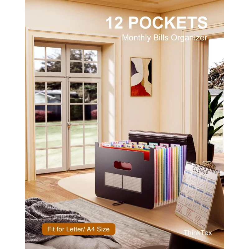 Accordion File Organizer, 12 Pockets Monthly Bill Receipt Organizer, Portable Expanding File Folders, Multi-Tabs, Letter/A
