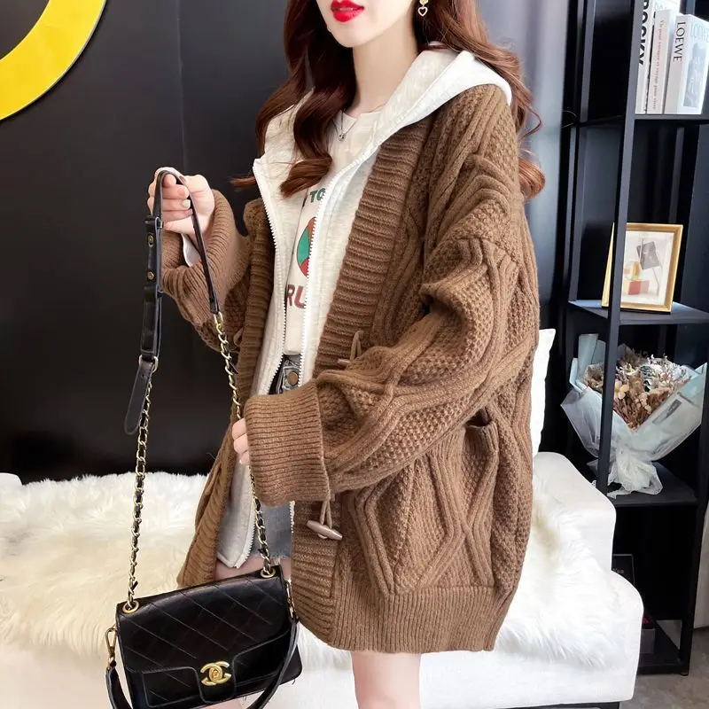 2023 New Spring and Autumn and Winter Simple Jacquard Thickened Lazy Loose Casual Fake Two Piece Hooded Knitted Sweater Cardigan