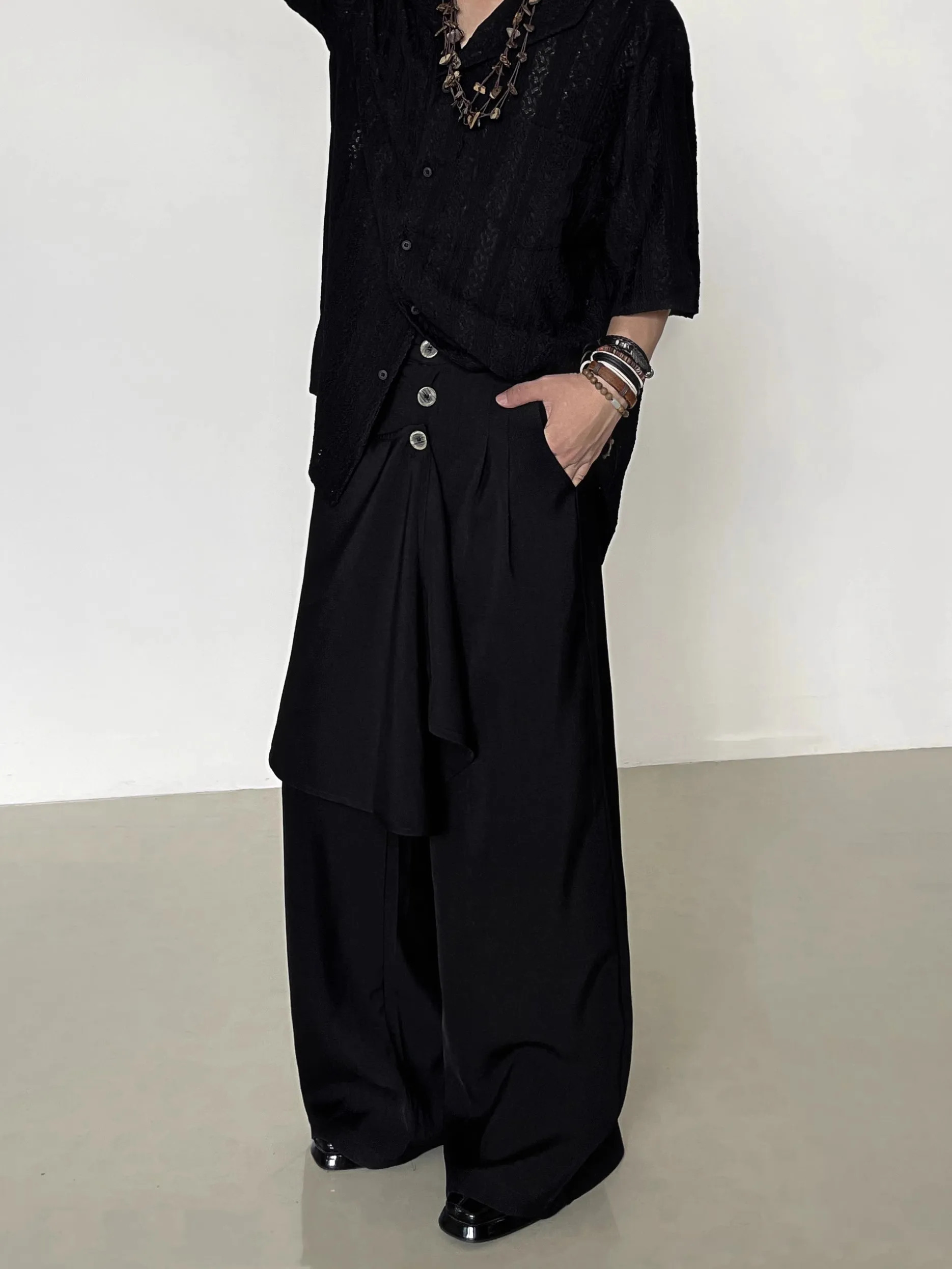 Vintage high-grade loose-fitting cloth patchwork trousers with buttons decorated front flap floor-length trousers