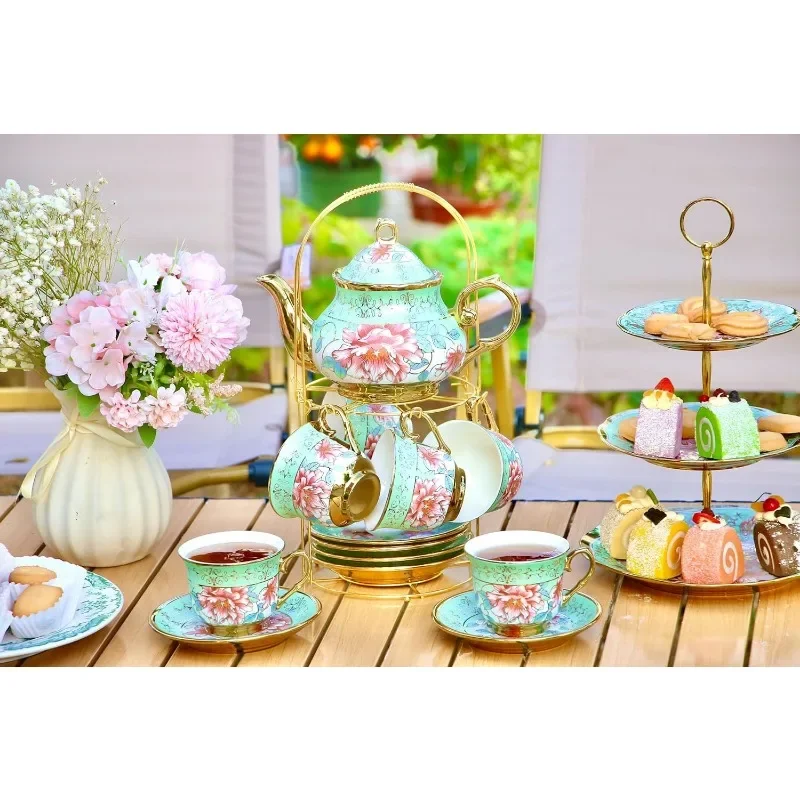 

For 20 Pieces Porcelain Tea Set With Metal Holder, European Ceramic tea set for adults,Flower Tea Set,Tea Set For Women