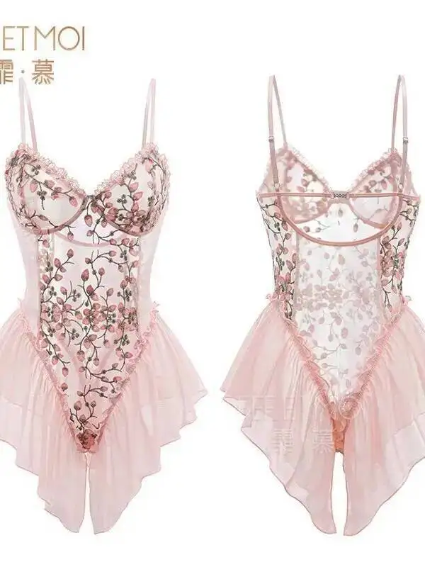 Pure Desire Deep V Floral Crotchless Camisole Bodysuit Sexy Temptation Women Rompers Clothing Body Suits Mesh Lace Sheer H32N