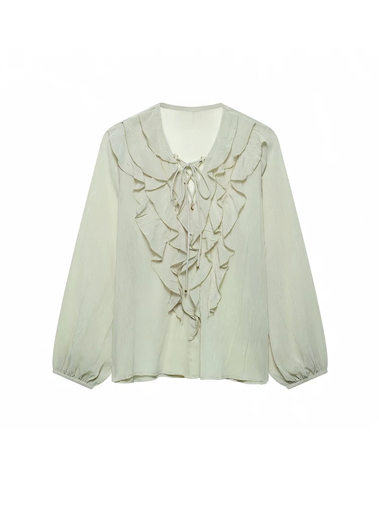 

GELITAYIN Women Fashion With Ruffles Semi-sheer Blouse Drawstring V-neck Long Sleeve Female Shirts Chic Tops