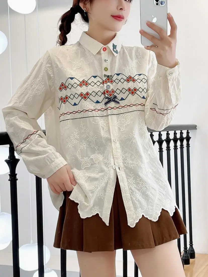 Japan Style Ethnic Embroidery Boho White Cotton Shirt Women Mori Girl Spring Autumn Turn Down Collar Long Sleeve Blouse Tops