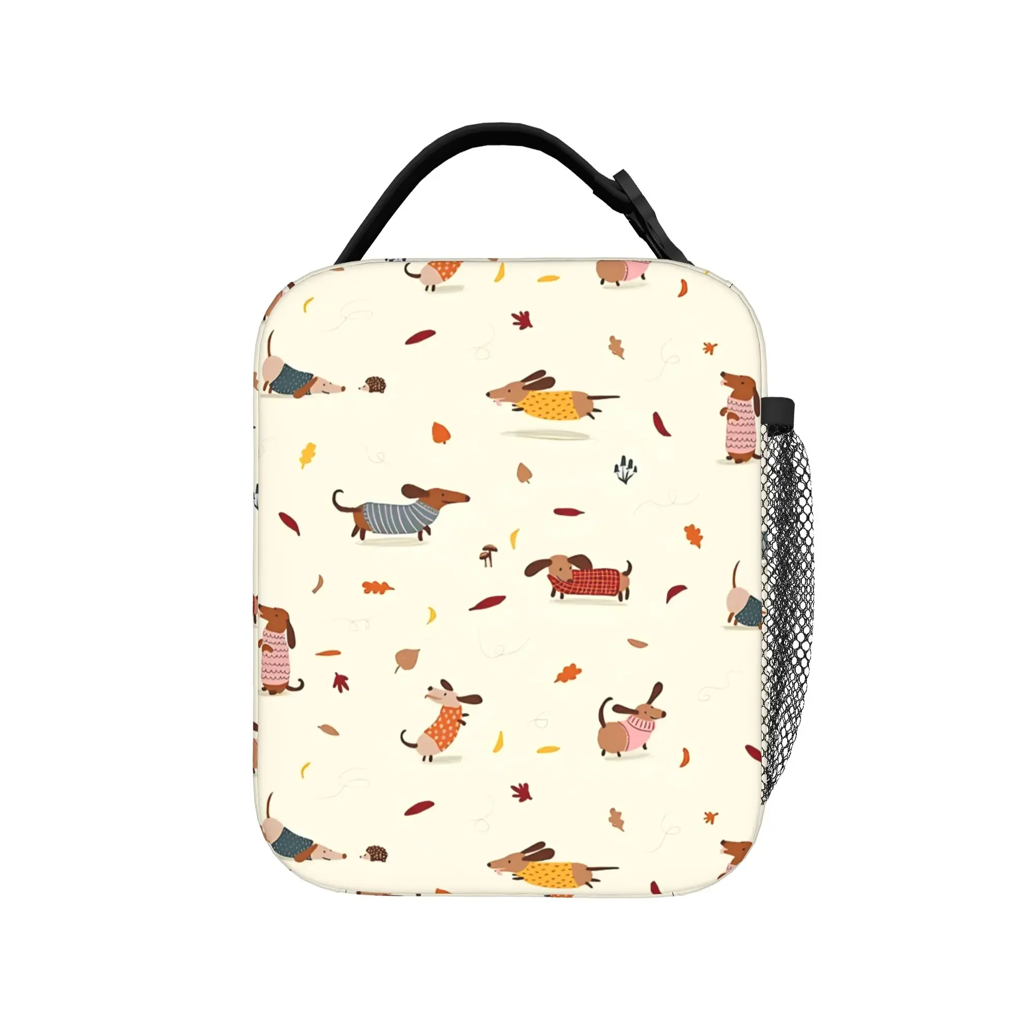Cute Dachshund in Winter Sweaters with Autumn Leaves Lunch Bag For Child Designer Office Lunch Box Vintage Oxford Cooler Bag