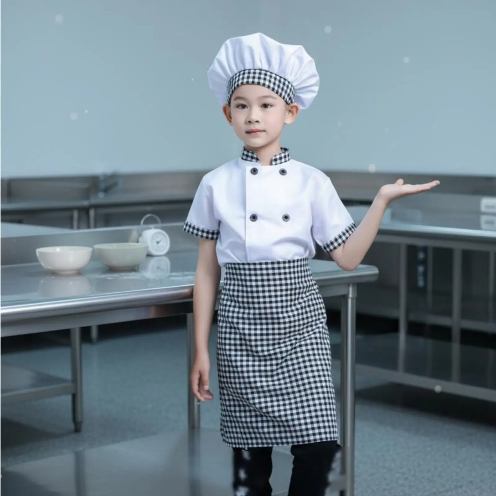 3 Pieces Kids Chef Costume Double Breasted Jacket Children's Cook Uniform Kids Baker Costume Gingham Trim for School Plays view 6