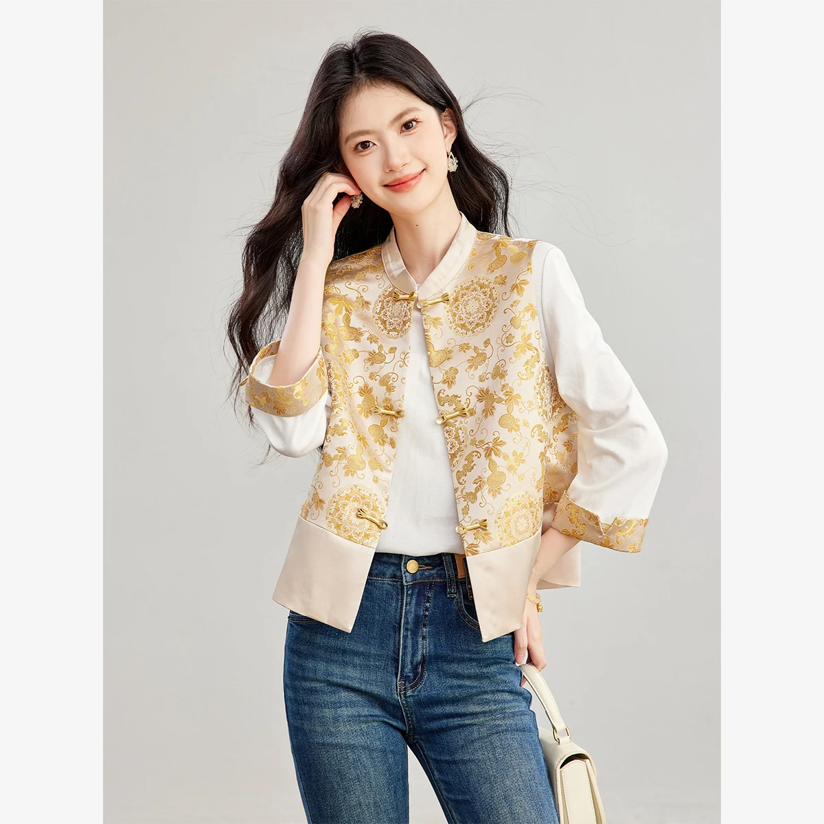 VIMLY Chinese Style Two-piece Set 3/4 Sleeve Round Neck T-shirt Jacquard Sleeveless Vest for Women Fall Matching Outfit A7530