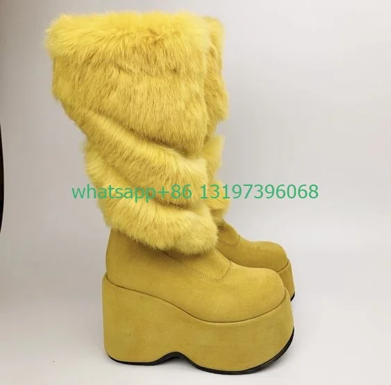 

Lady yellow fur vintage platform knee boots feather fur design punk boots footwear size 35-46 wedge heel platform Y2K fur boots