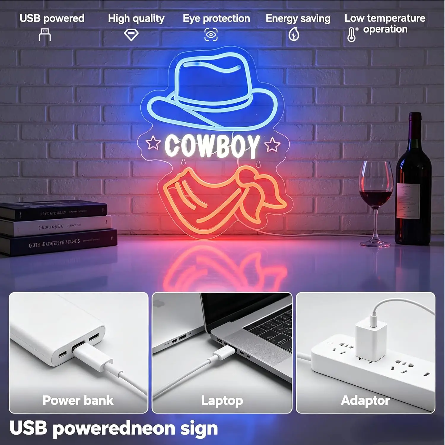 Cowboy Neon Sign USB Powered LED Neon Light Wall Decor Western Style Bar Man Cave Bedroom Party Night Lamp Birthday Gift