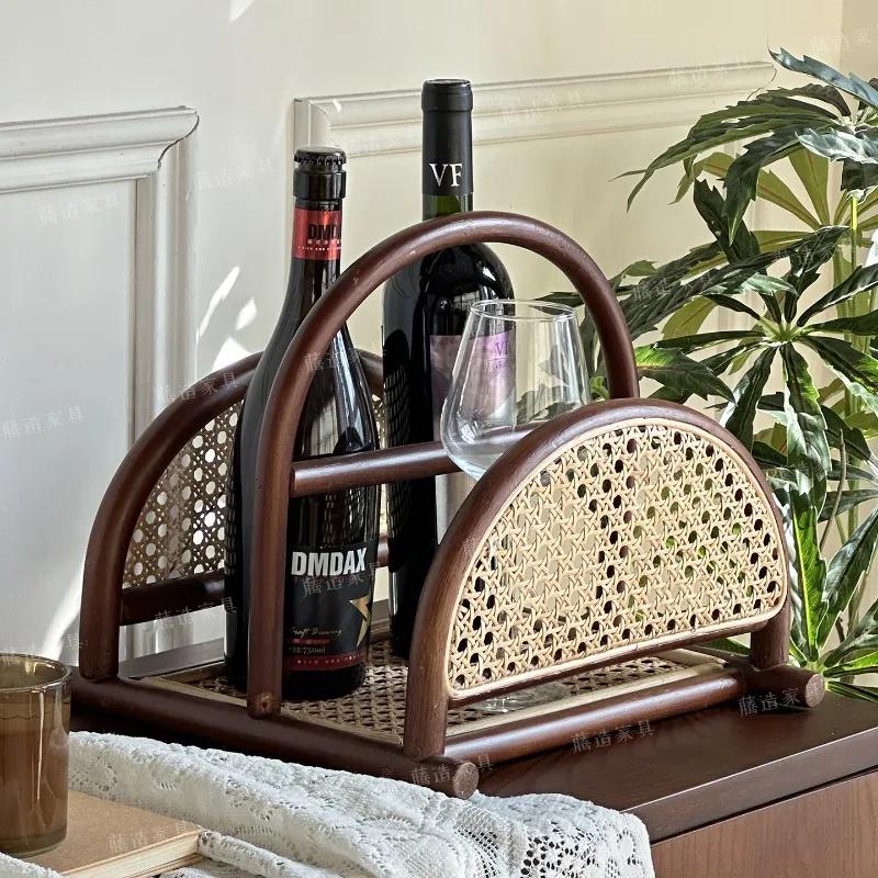 Vintage Rattan Magazine Rack Semi-circular Solid Wood Storage Shelf Arch Handle Newspaper Holder Elegant Book Display Stand