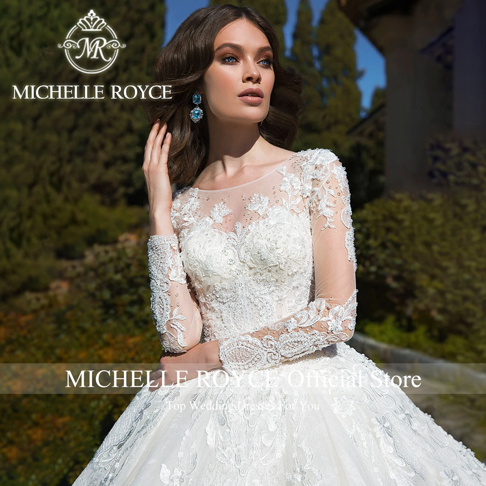 Michelle Royce Luxury Ball Gown Wedding Dresses For Women 2024 Long Sleeve Appliques Scoop Wedding Gown Vestidos De Novia