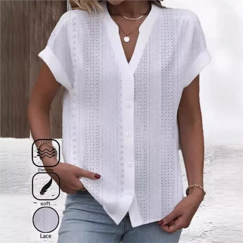 Camisa informal de Color liso con cuello en V para mujer, cárdigan bordado blanco, blusa, Tops holgados de manga corta para mujer