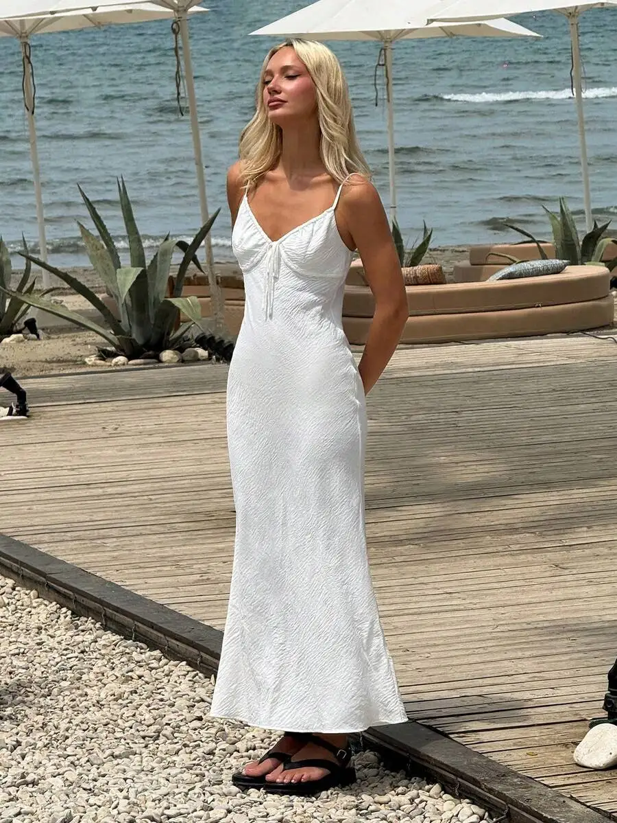 

White Bohemian Style Beach Long Dress With Lace-Up Front And Adjustable Straps