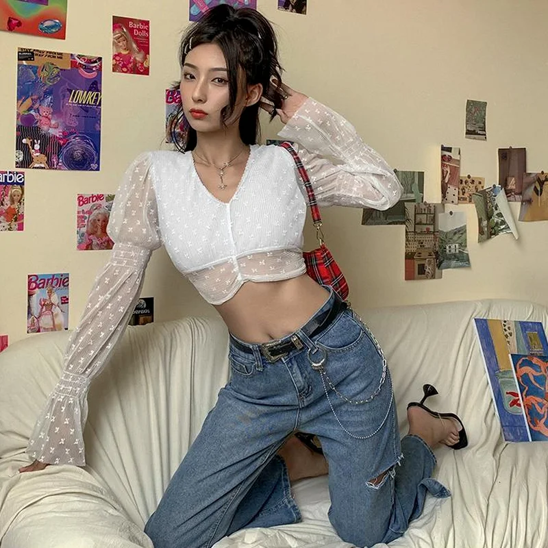 

Blouses Women Aesthetic Mesh Cropped Slim Pure Design Sexy V-Neck Backless All-match College Club Flare Sleeve Feminino Clothes