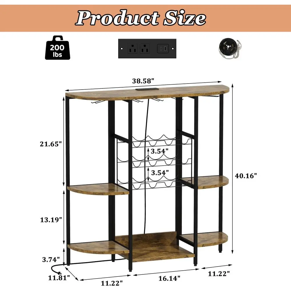 LED-Illuminated Freestanding Mini Bar with Outlets, Rustic Brown, for Kitchen & Dining, Holds Liquor, Coffee, Wine, and Glasses