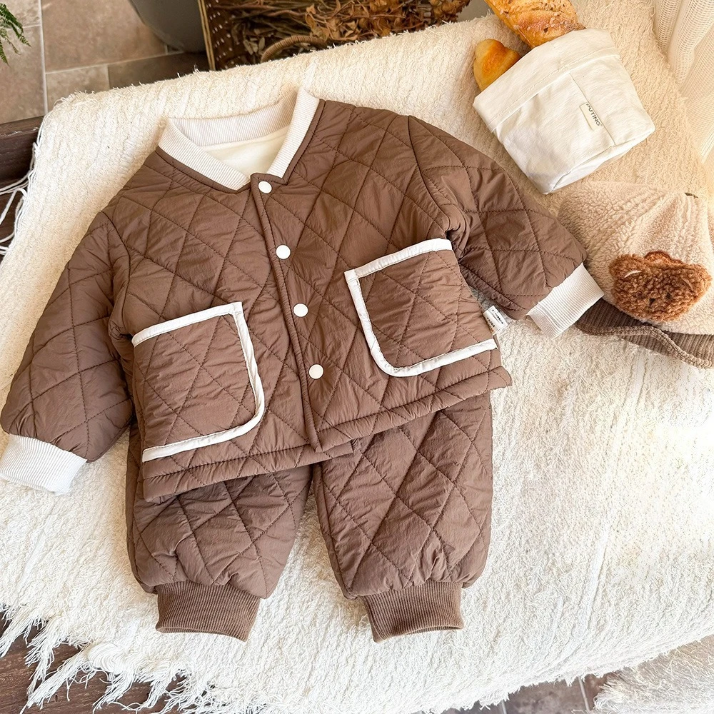 2025 Winter Baby Clothes Set 0-3T Color Blocking Toddler Kids Padded 2PCS Fleece Lining Warm Boys Coat and Pants Girls Outfit
