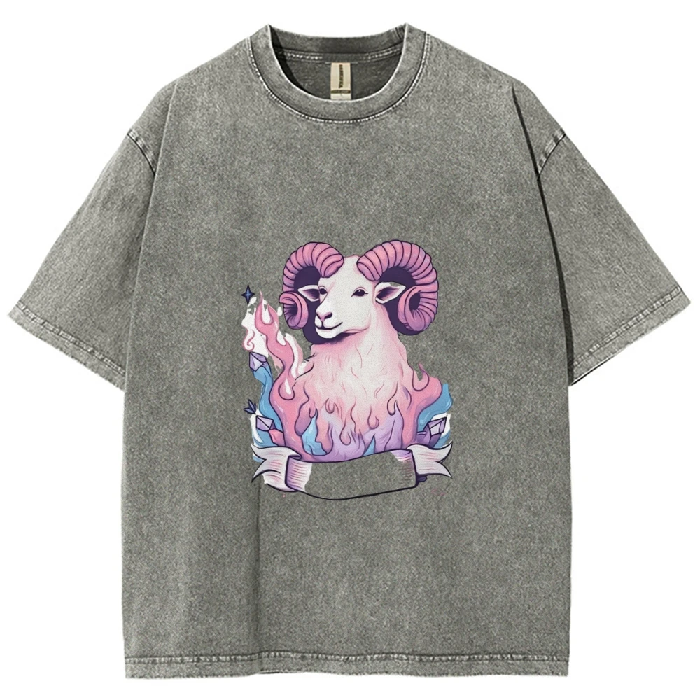 

Vintage Washed Gray Oversized T-Shirt Fantasy Ram Graphic with Pink Horns Flames Crystals for Edgy Whimsical Streetwear