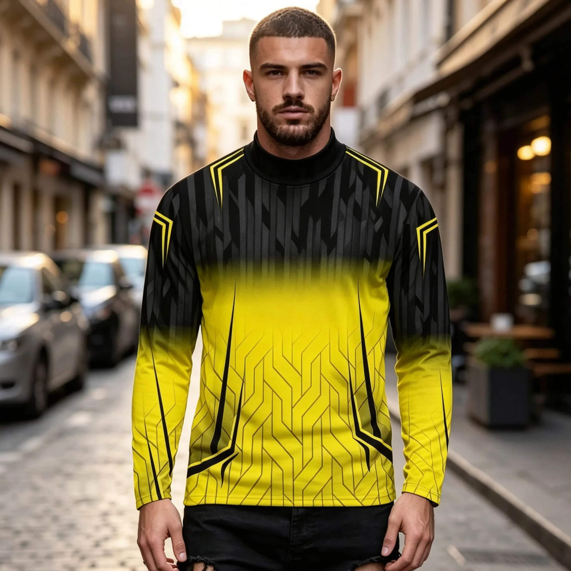 Sporty Graphic Gradient Print Mock Neck Long Sleeve T‑Shirt Men Soft Polyester Fashion Daily Tops