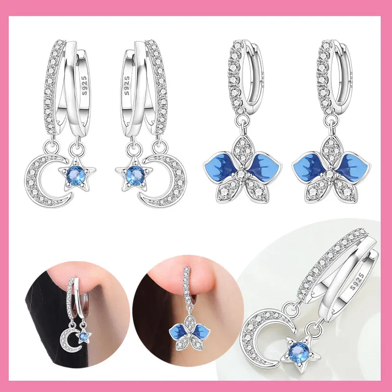 Оригинальные серьги с кисточками из стерлингового серебра 925 пробы, синие двойные круглые серьги со звездой и луной, женские сверкающие серьги-кольца, юбилейные ювелирные изделия, подарки