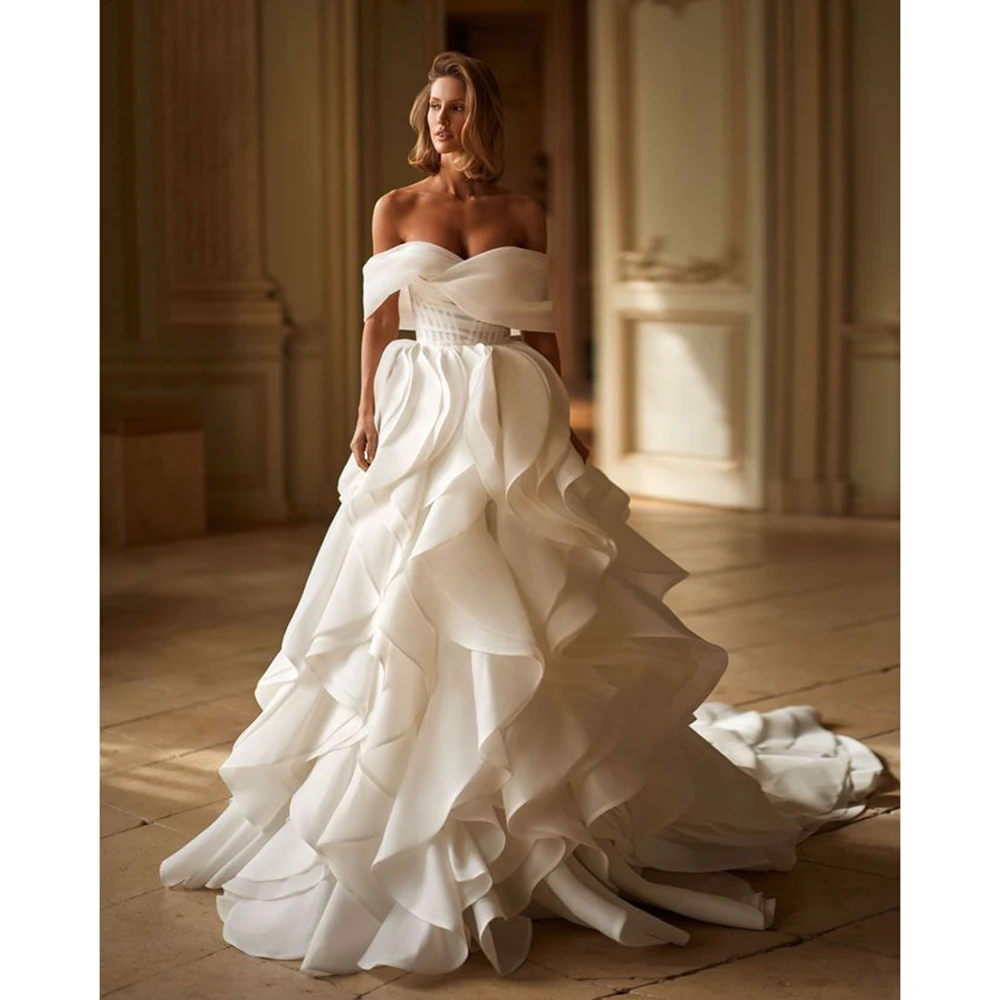 Off Shoulder Chiffon Tiered Ruffles Ball Gown Wedding Gown Backless Floor Length Beach Bridal Dress with Sweep Train Custom Made