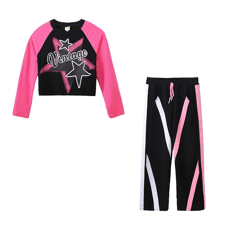 2023 New Jazz Modern Dance Costumes For Kids Pink Crop Tops Cargo Pants Suit Girls Hip Hop Dance Performance Clothing DQS15241