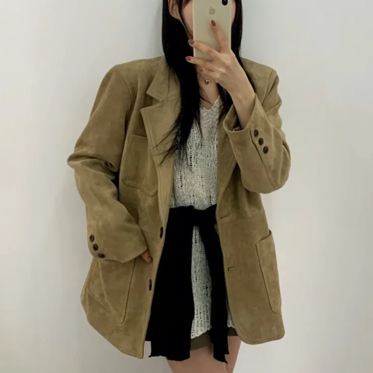 

Chic Korean Sle Women's Suede Jaet Casual Loose Fit Vintage Outerwear Commute Friendly Long Sve Suit Top