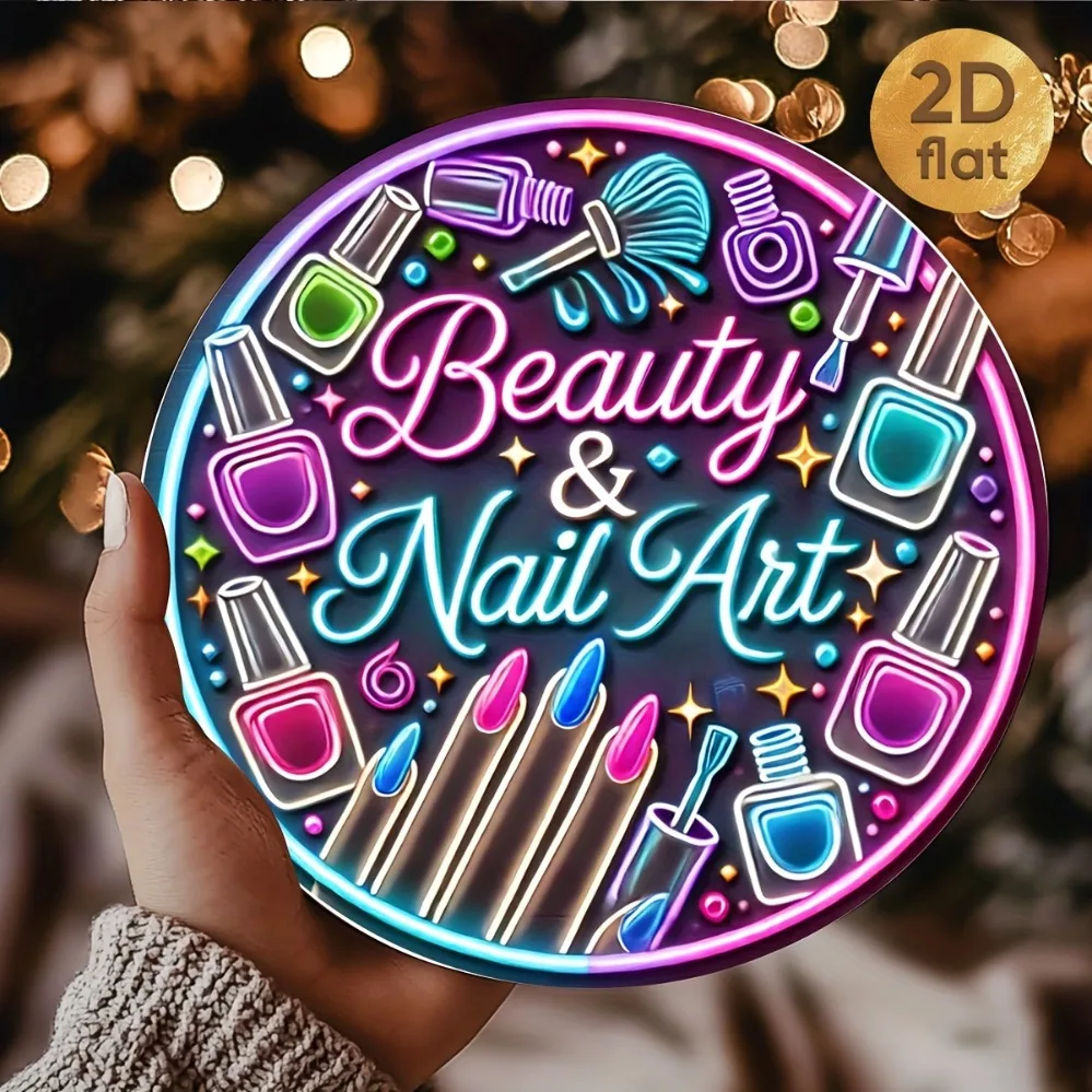 2D Flat Metal Sign, Neon Style Beauty Nail Art Salon Sign, 7.87in Round, Glowing Nail Polish & Makeup Design, for Home Cafe Salo